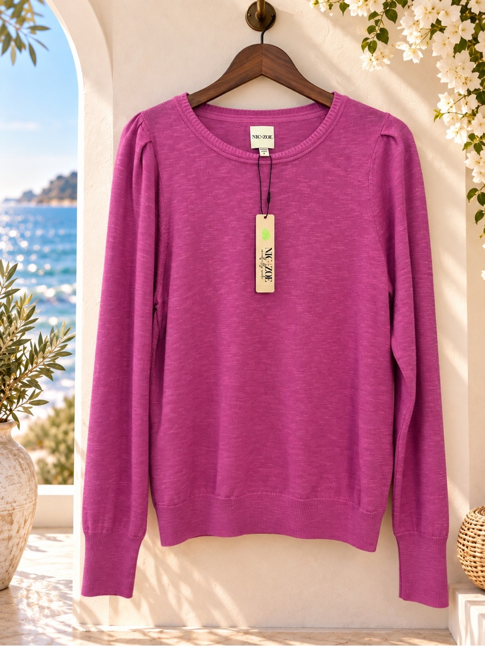 NIC+ZOE magenta  cotton-blend crewneck sweater NWT